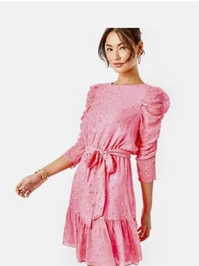 Lilly Pulitzer Pink Metallic Dot Tie-Waist Ruffle Mini Dress